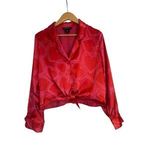 Bailey 44 Women's Tie Front Revolve Heart Print Crop Top Size XL Red Pink NWOT
